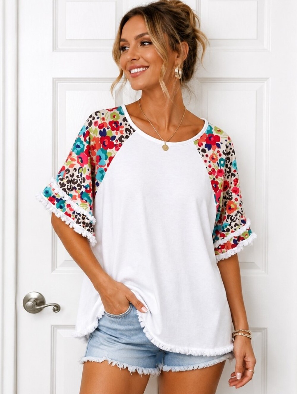 Cellabie White Relaxed Fit Raglan Floral Top Sz XL